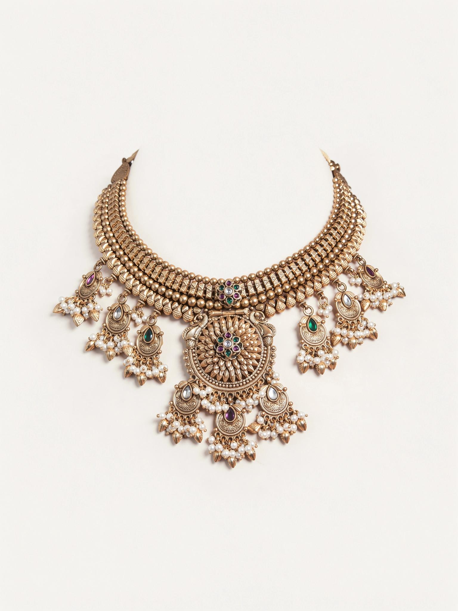 Rajasi Antique Gold Bridal Necklace Set - Outbox House