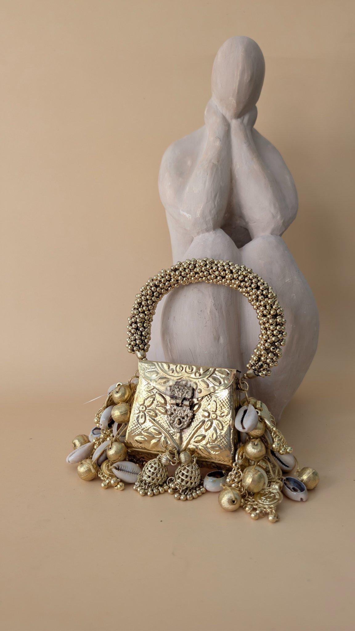 Pitara Brass Box Clutch with Cowrie Shells - Outbox House