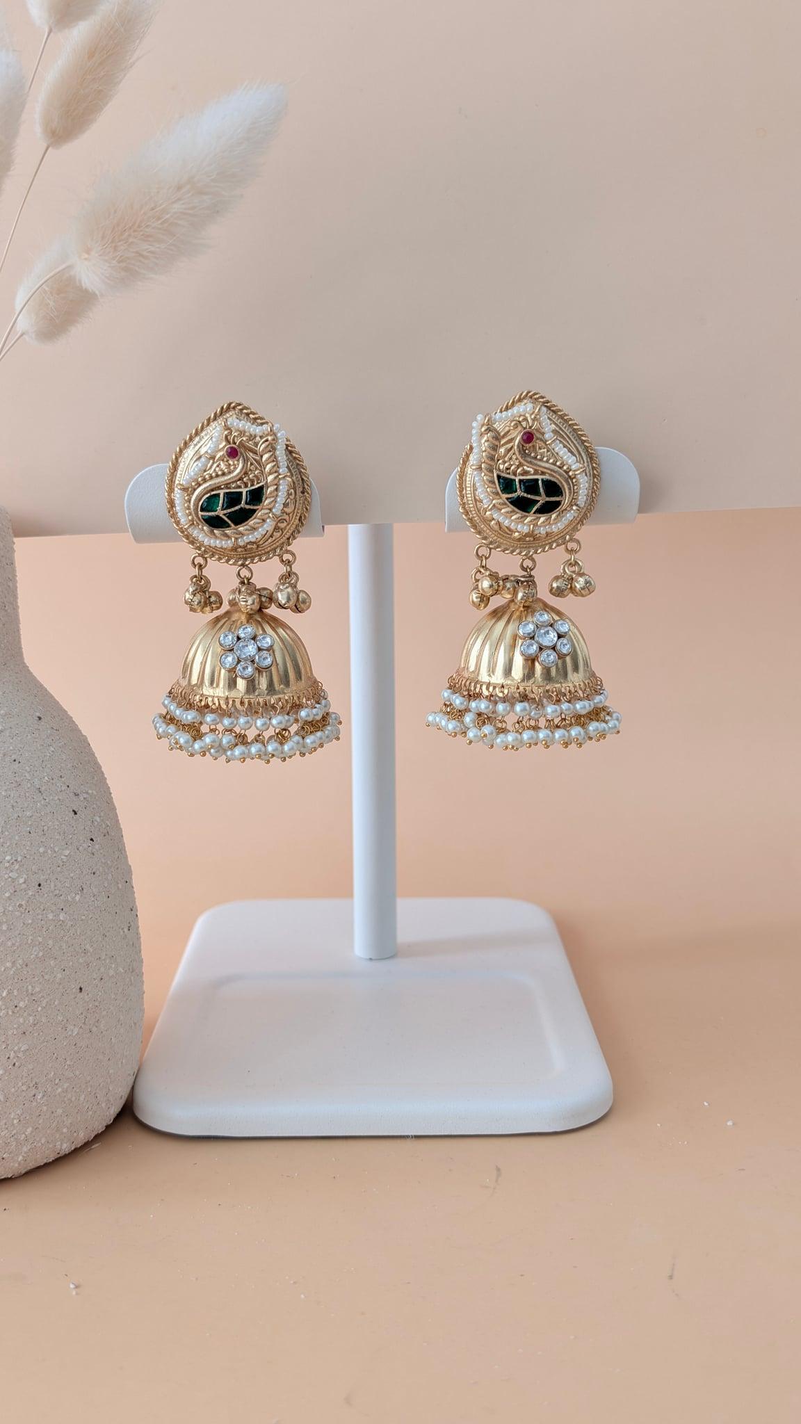 Mayura Antique Gold Peacock Jhumka Earrings - Outbox House