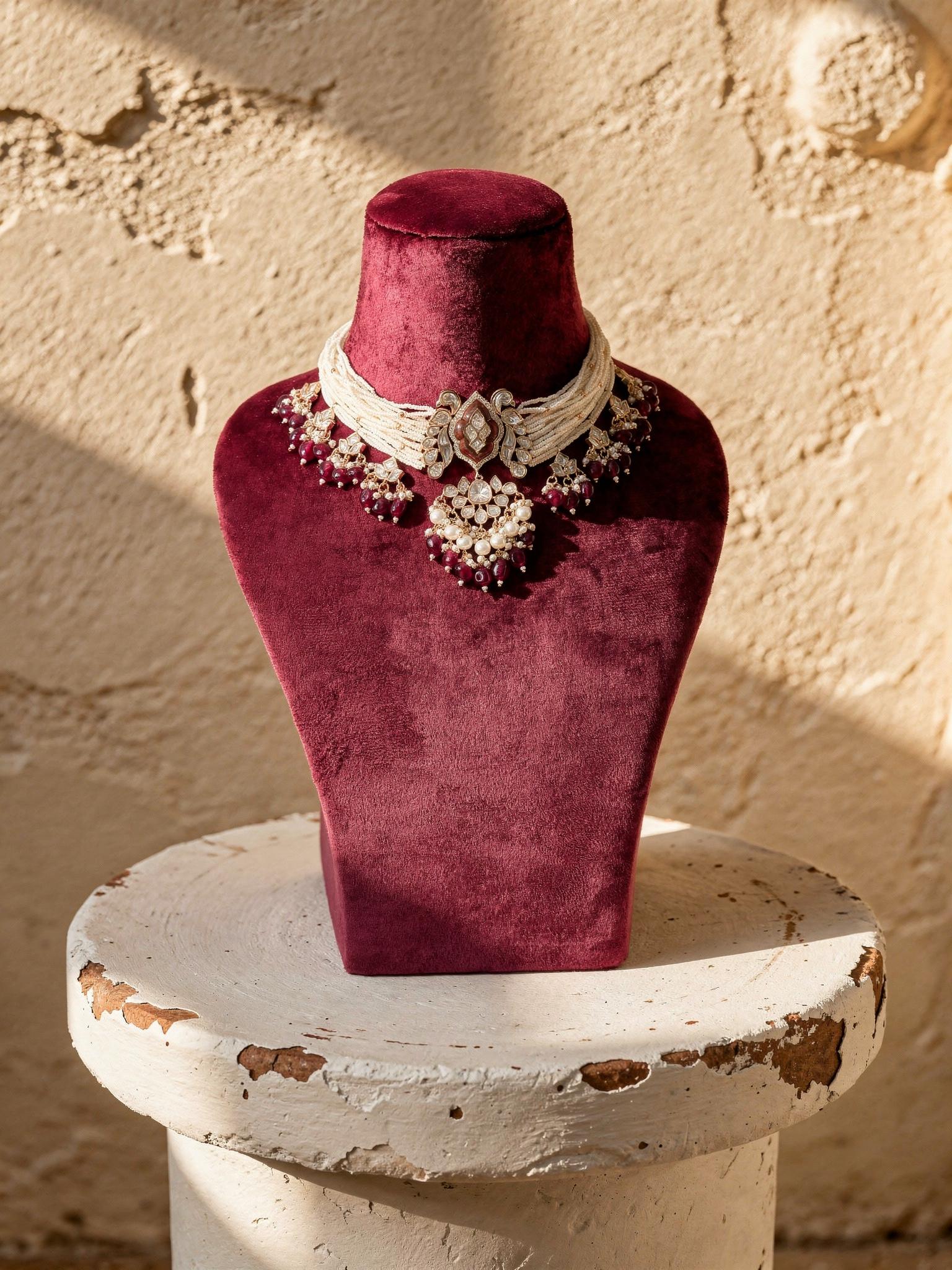 Alia Moissanite Pearl Choker, Maroon - Outbox House