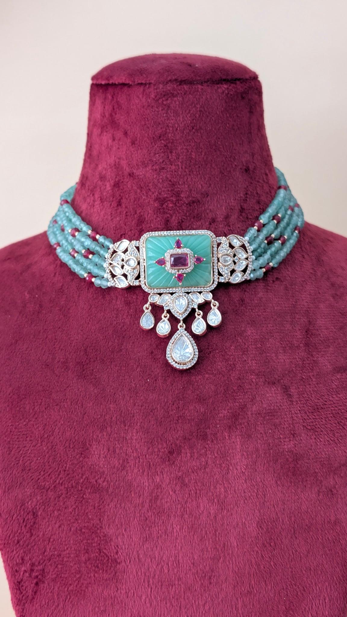 Isha Moissanite Beaded Choker Necklace, Mint Green - Outbox House