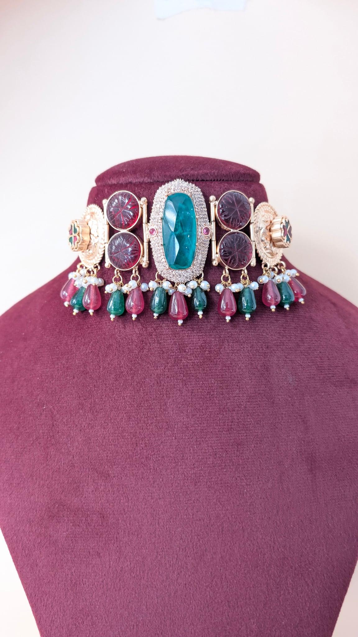 Inara Carved Stone Choker Set, Ruby Red and Green - Outbox House