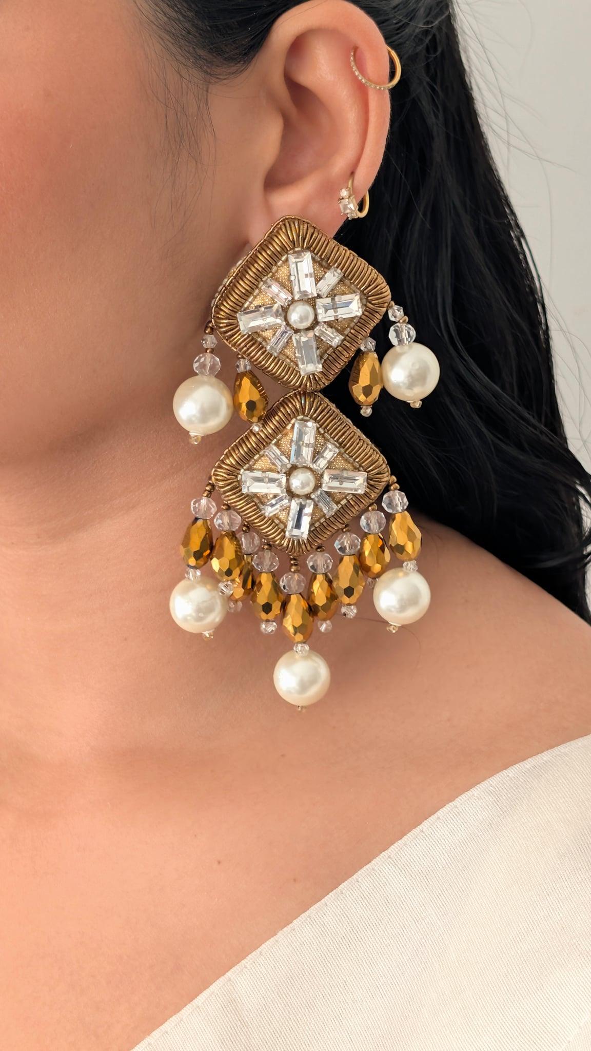 Lisa Pearl Embroidered Drop Earrings, Antique Gold - Outbox House