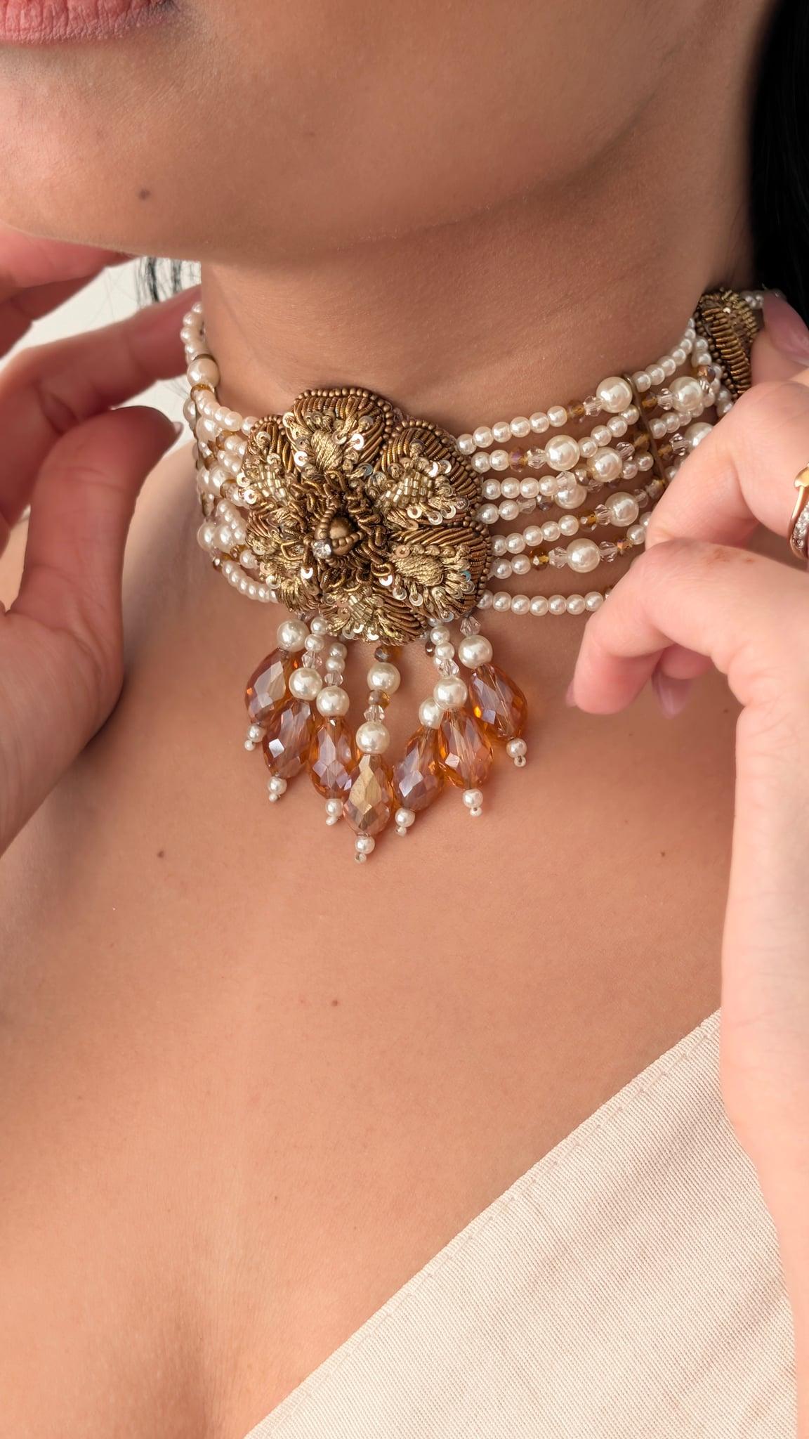 Elisa Zardozi Pearl Choker Set, Ivory - Outbox House