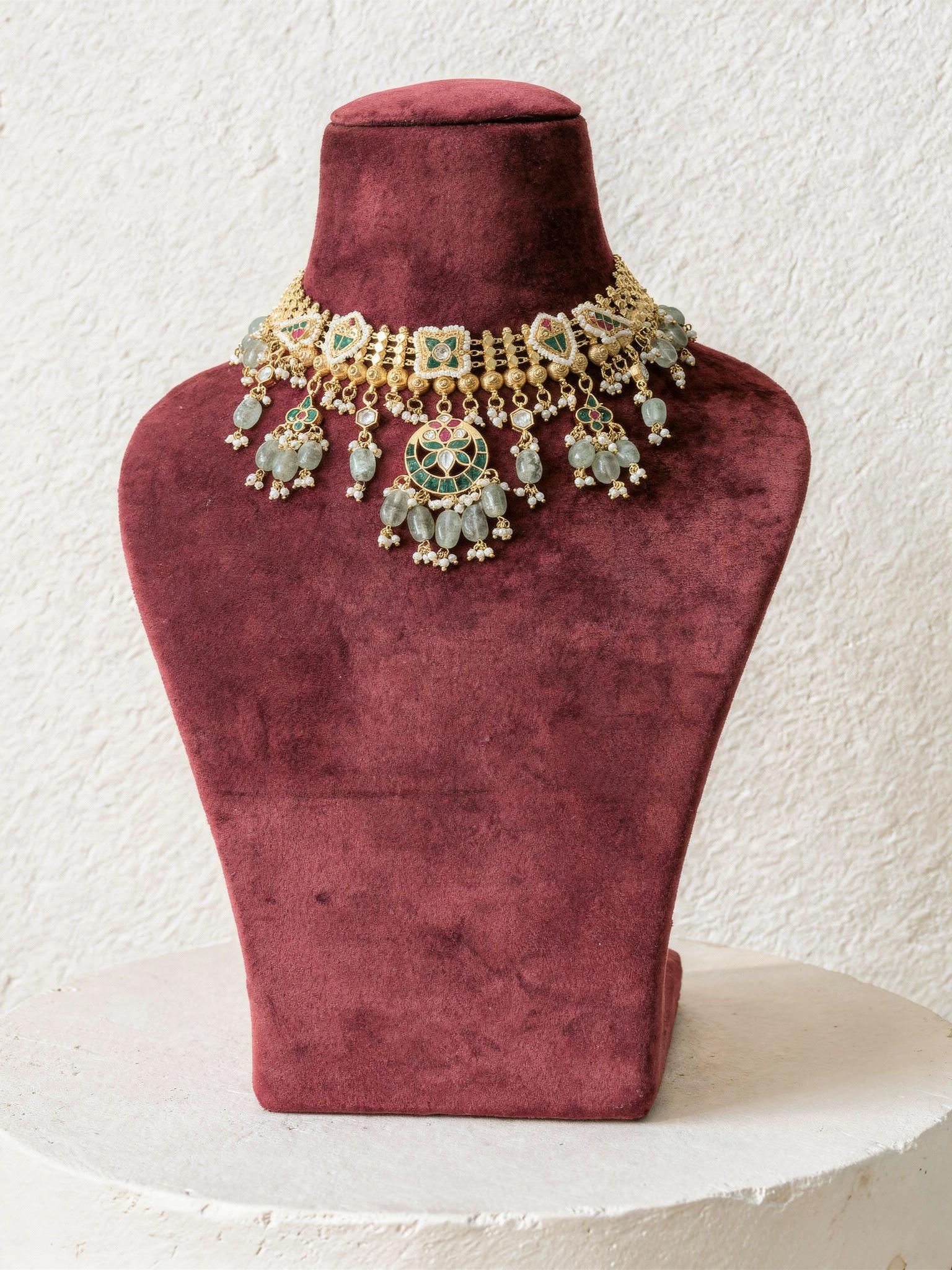 Marwar Kundan Choker Set, Mint Green - Outbox House
