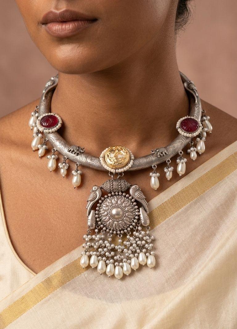 Mirza Oxidised Hasli Choker with Pearl Drops - Outbox House